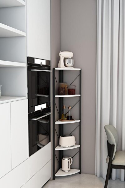 Remaks Datça 5 Raflı Metal Köşe Mutfak Rafı Dekoratif Aksesuar Rafı Beyaz