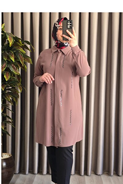 Elmas Tesettür Γυναικεία Ρούχα Χιτζάμπ Μεγάλου Μεγέθους Πουκάμισο από Κρεπ με Πέτρες