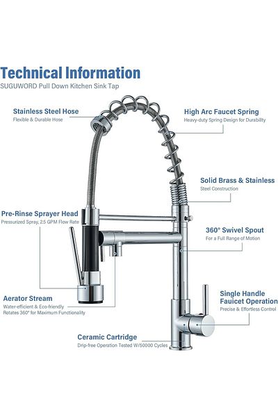 GENERAL Italian Kitchen Sink Mixer Faucet by PIDRO, Brass & Chrome Finish, 360° Swivel with Pull-Out Spray