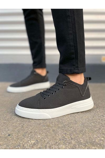 Joy Ayakkabı Jy204 Flex Lace-Up Linen Fabric Men's Casual Sneaker Shoes Kbt - Black