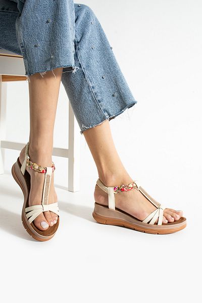 Ayax Beige Three-Striped Casual Women's Sandals with Stone Accessories