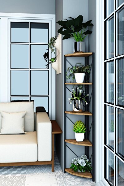 Remaks Datça 5 Raflı Metal Köşe Çiçeklik Saksılık Rafı Dekoratif Aksesuar Rafı Ceviz