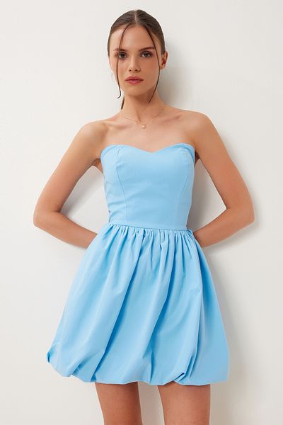 Lovelyİstanbul Super Mini Woven Balloon Dress Blue Lfn0100