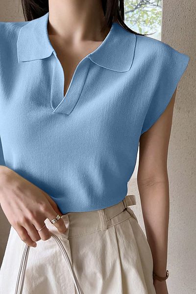 AQE FASHION Bluză de damă cu mâneci zero, guler polo, fără mâneci, croială confortabilă, design elegant, anti-transpirație, albastru bebeluș