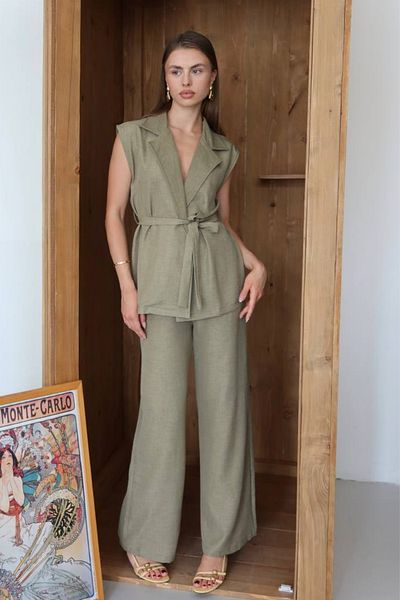 Mogi Butik Women's Belted Vest Palazzo Linen Suit 3080