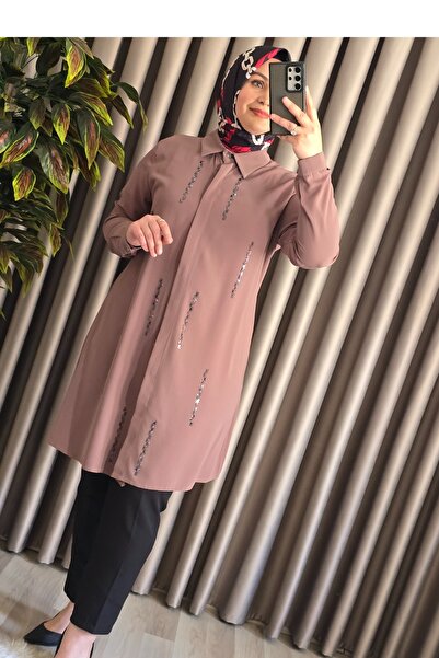 Elmas Tesettür Γυναικεία Ρούχα Χιτζάμπ Μεγάλου Μεγέθους Πουκάμισο από Κρεπ με Πέτρες