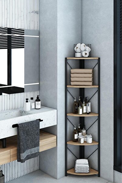 Remaks Datça 5 Raflı Metal Köşe Banyo Rafı Dekoratif Çok Amaçlı Raf Ceviz