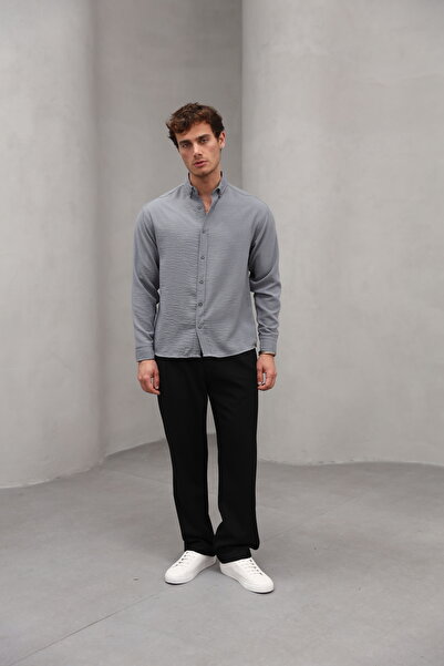 Bürke Summer Linen Textured Long Sleeve Gray Half Oversize Men's Shirt