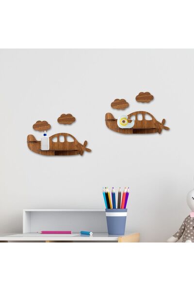 HippoDeco 2'li Uçak Temalı Ahşap Duvar Rafı | Çocuk Odası Dekoru | 5 Renk | M...