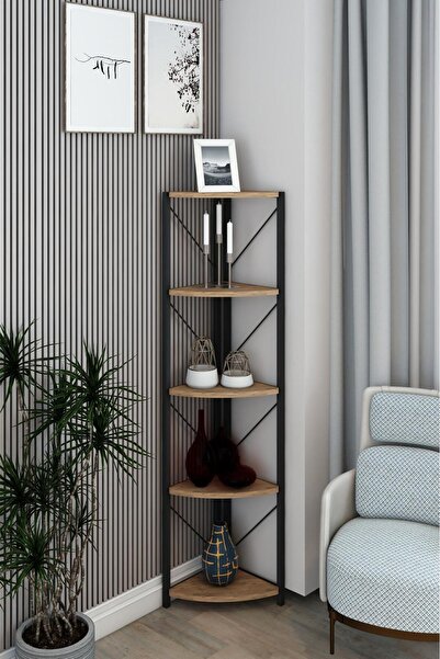 Remaks Datça 5 Raflı Metal Köşe Çiçeklik Saksılık Rafı Dekoratif Aksesuar Rafı Ceviz