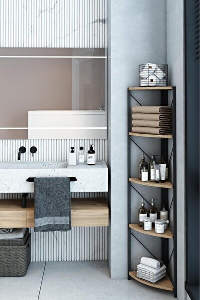 Remaks Datça 5 Raflı Metal Köşe Banyo Rafı Dekoratif Çok Amaçlı Raf Ceviz