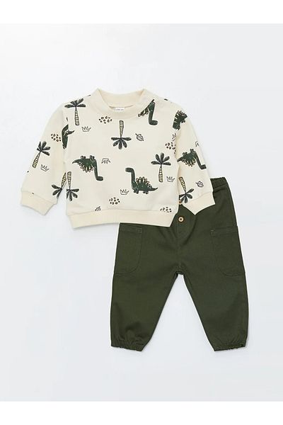 LC Waikiki Lcw Baby Ecru Crew Neck Printed Baby Boy Sweatshirt and Trousers 2-Piece Set / S43296Z1