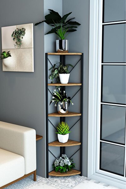 Remaks Datça 5 Raflı Metal Köşe Çiçeklik Saksılık Rafı Dekoratif Aksesuar Rafı Ceviz