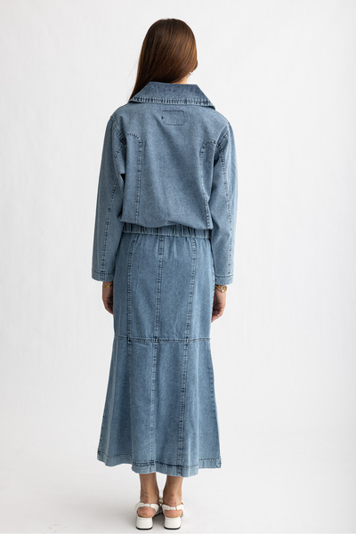 Suede Style 5476 - Set de blugi pentru femei, elegant și confortabil, cu fustă și jachetă, cu detaliu de fermoar