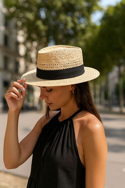 LAGRANZE Women's Beige Banded Round Wide Brim Straw Fedora Hat