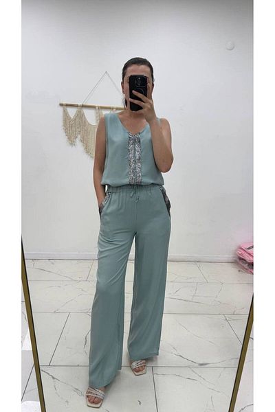 Maison La Femme Women's Sequin V Neck Blouse Wide Leg Pants