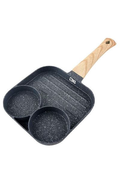 SIKS Non-stick Frying Pan, 3 Compartments, Egg Preparation, Pancakes, Sandwiches, Wooden Handle
