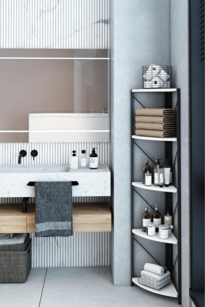 Remaks Datça 5 Raflı Metal Köşe Banyo Rafı Dekoratif Çok Amaçlı Raf Beyaz