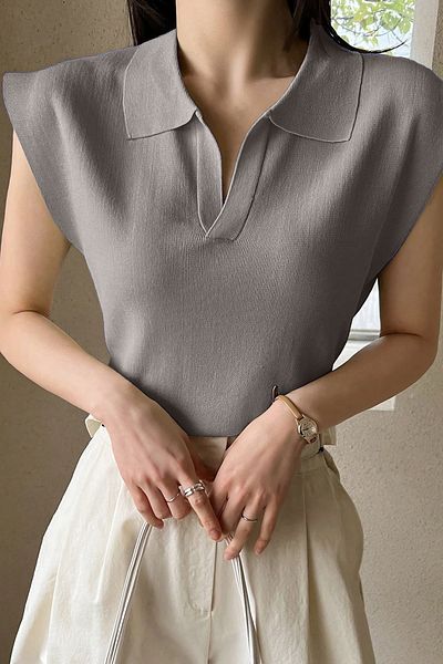 AQE FASHION Women's Zero Sleeve Polo Neck Sleeveless Relaxed Fit Stylish Design Non-Sweating Gray Blouse