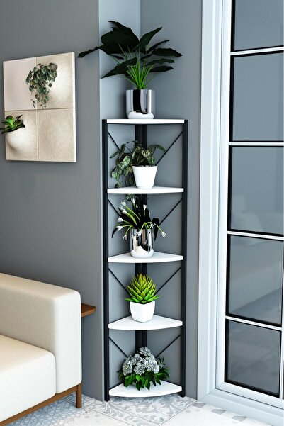 Remaks Datça 5 Raflı Metal Köşe Çiçeklik Saksılık Rafı Dekoratif Aksesuar Rafı Beyaz