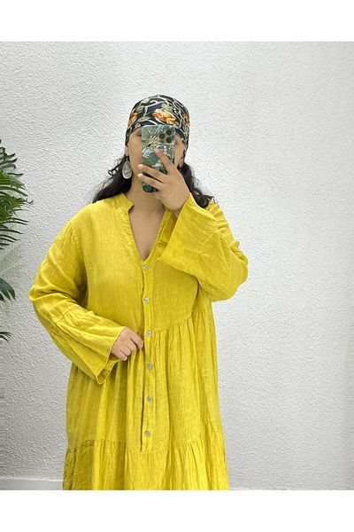 Ranasubaşı 100% Linen Relaxed Cut Long Dress Yellow