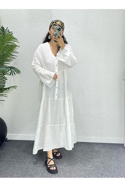 Ranasubaşı 100% Linen Relaxed Cut Long Dress White