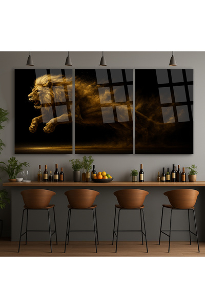 TAULART 3 LÜ IŞILDAYAN ALTIN SAÇAN ASLAN TABLOSU PARÇALI SET TABLO KIRILMAZ L...