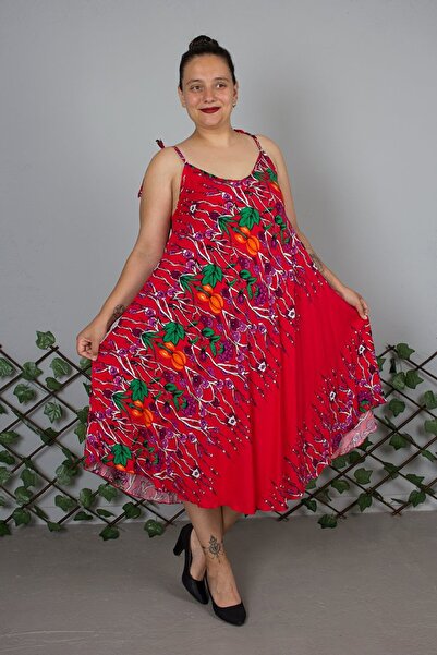 Truva XXL Plus Size Suspender Cotton Patterned Red Dress – up to Size 50