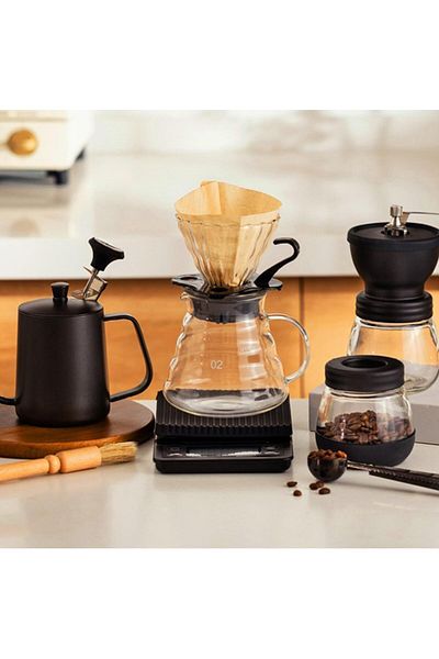 COOYA طقم قهوة مكون من 8 قطع، طقم إبريق قهوة يدوي بغطاء قلاب، مطحنة قهوة لطاولة القهوة والمطبخ والتخييم
