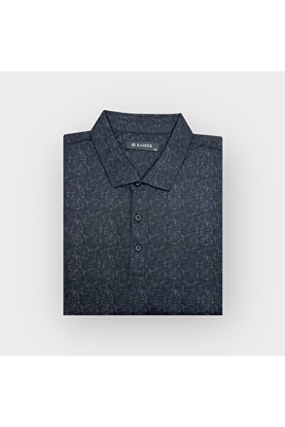 KAMER Plus Size Shirt Collar Short Sleeve Lycra Patterned Black T-Shirt 9505S