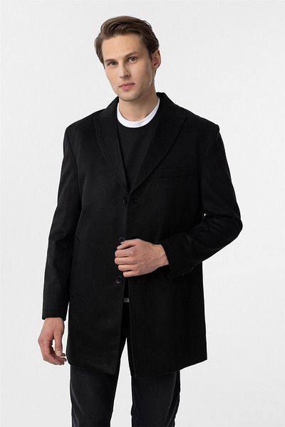 SÜVARİ Slim Fit Plain Black Pointed Collar Quality Cashmere Coat