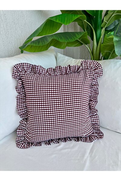 Decamor home Cotton Linen Burgundy Mini Gingham Ruffled Throw Pillow Cover 1Pc