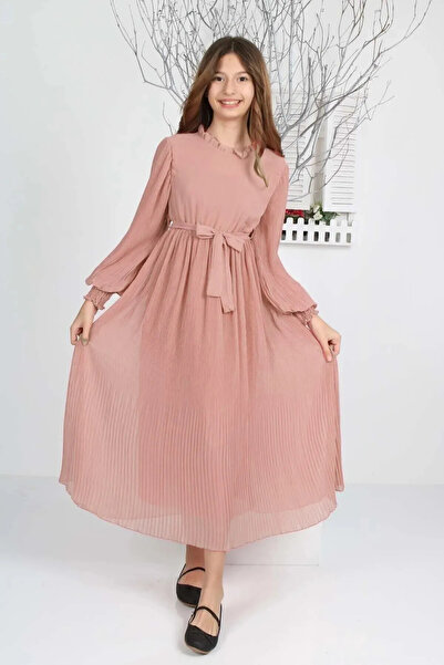 JOGCO Genç Kız Uzun Boydan Pliseli Şifon Tesettür Elbise