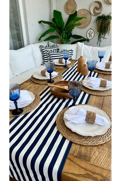 Decamor home Marine Navy Blue Striped Worry-Free Stain-Proof Liquid-Proof Runner
