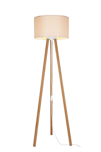 AG LightDesign Krem Lambader Abajur 3 Ayaklı Tripod Kumaş Ahşap Üç Ayak