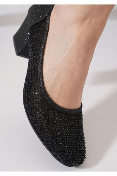 Nur Rose Women's Black Shiny Stone Comfortable Daily Anatomical Stylish Evening Dress Short Thick Heeled Laceless Mother Shoes