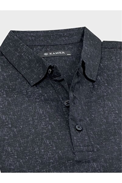 KAMER Plus Size Shirt Collar Short Sleeve Lycra Patterned Black T-Shirt 9505S