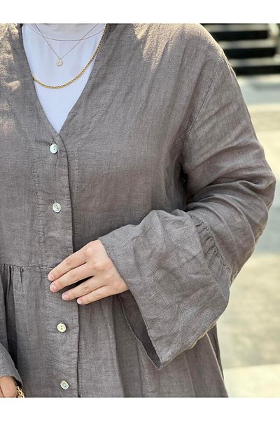 Ranasubaşı 100% Linen Relaxed Cut Long Dress Tile Mink