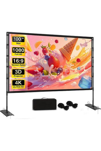 FlashHawk Portable Projector Screen - 100 inch 16:9 4K HD, with Stand, Carry Bag for Indoor Outdoor