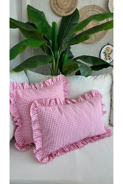 Decamor home Cotton Linen Pink Mini Gingham Ruffled Throw Pillow Case 1 Piece