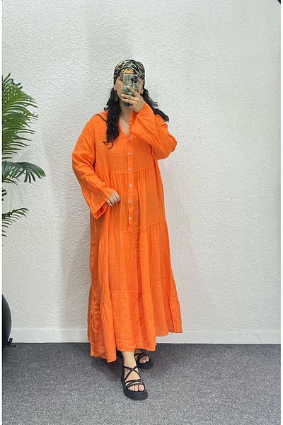 Ranasubaşı 100% Linen Relaxed Cut Long Dress Orange