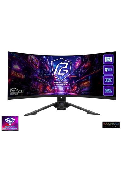 ASROCK 34" LED Curved Gaming Monitor, WQHD, 180Hz, 1ms, HDMI/DP, Built-in Speakers, Black