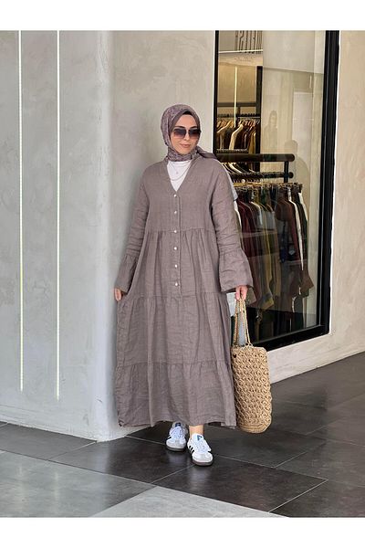 Ranasubaşı 100% Linen Relaxed Cut Long Dress Tile Mink