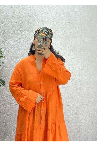 Ranasubaşı 100% Linen Relaxed Cut Long Dress Orange