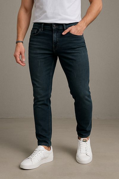 moda biz Ανδρικό σκούρο μπλε Slim Fit ίσιο πόδι Άνετο βαμβακερό τζιν παντελόνι