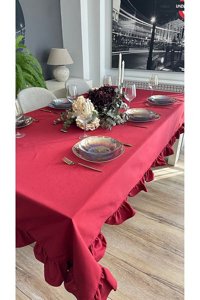 Decamor home Stain Resistant Liquid Proof Ruffled Burgundy Table Cloth