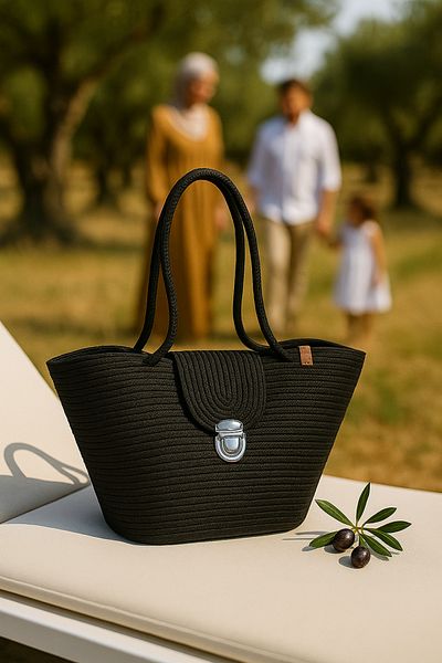 KAAN HOME TEKSTİL Kaan Home Black Self-Corded Strap Natural Looking Vegan Beach Bag or Daily Bag