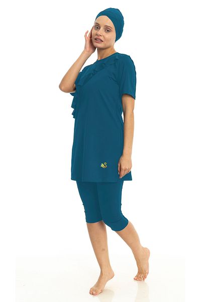 Differend Short Sleeve Semi-Covered Hijab Swimsuit with Ruffle Detail