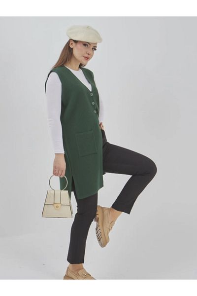 Stilmony Women's Long Seasonal Knitwear Lycra Pocket Button Detailed Casual Vest