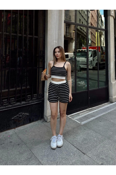 İntive Lingerie Black/White Striped Summer Suspender Mini Bustier Mini Shorts Suit